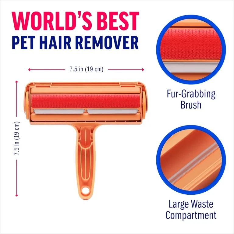 Orange pet hair remover roller brush with fur-grabbing brush, large waste compartment, 7.5 inches wide, for dog and cat hair removal.