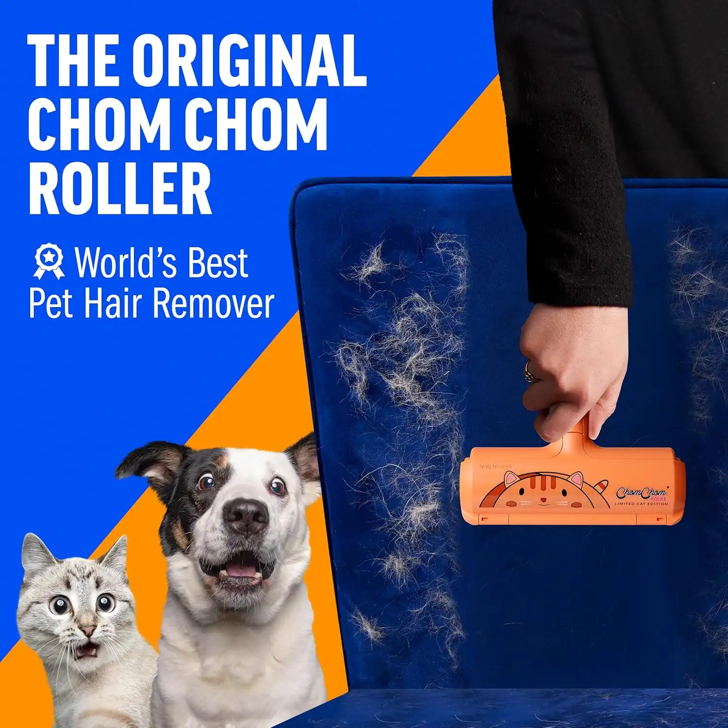 The Original Chom Chom Roller, World's Best Pet Hair Remover, cleaning cat and dog hair from a blue couch, with a cat and dog looking on.