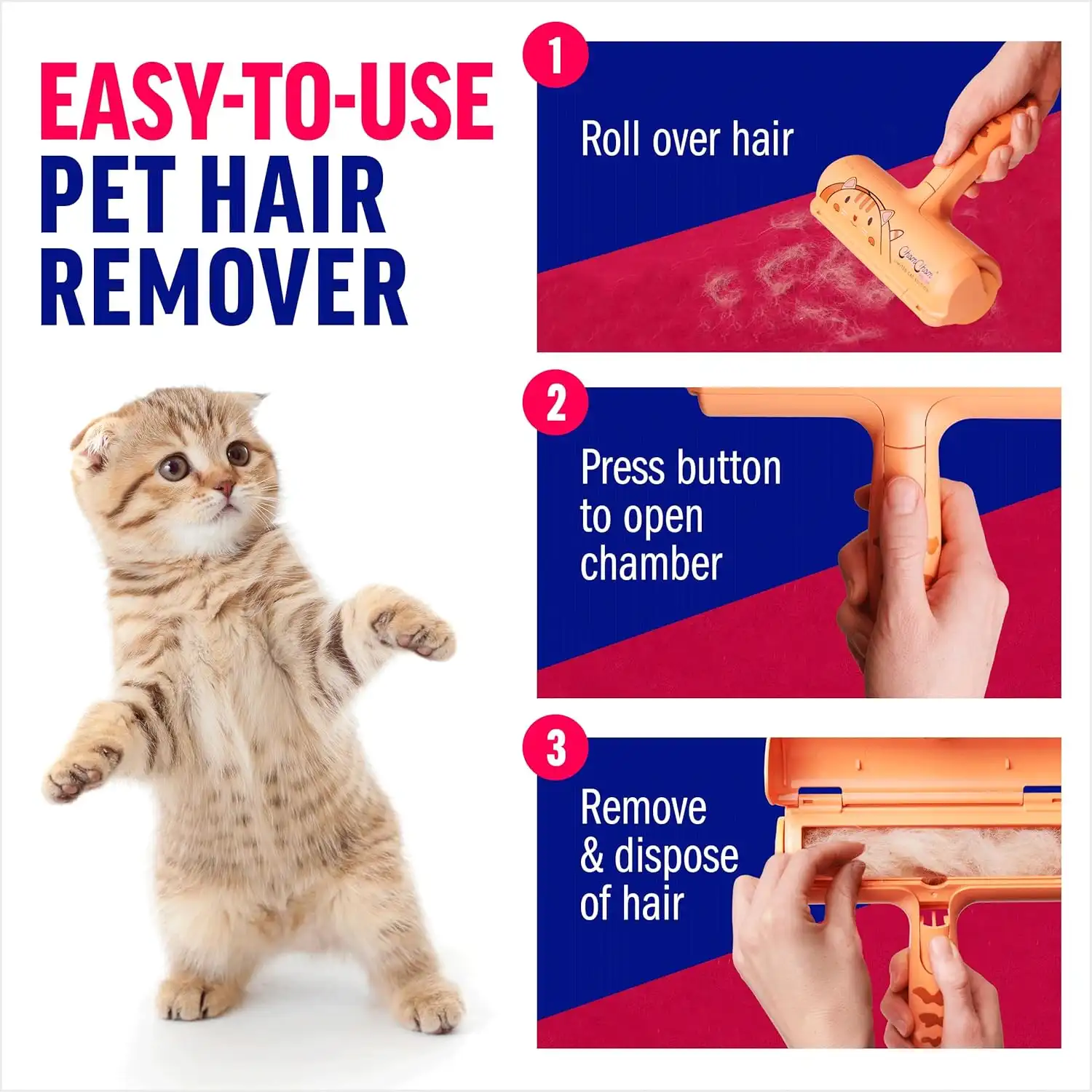 Easy-to-use pet hair remover tool demonstration with a cute kitten, showing how to roll, open, and dispose of collected cat and dog hair.