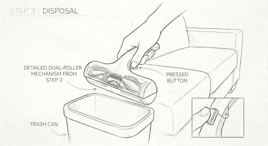 Step 3: Disposal of pet hair from a dual-roller remover into a trash can.