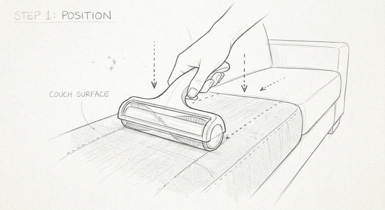 Hand positioning pet hair remover on a couch cushion for cleaning.